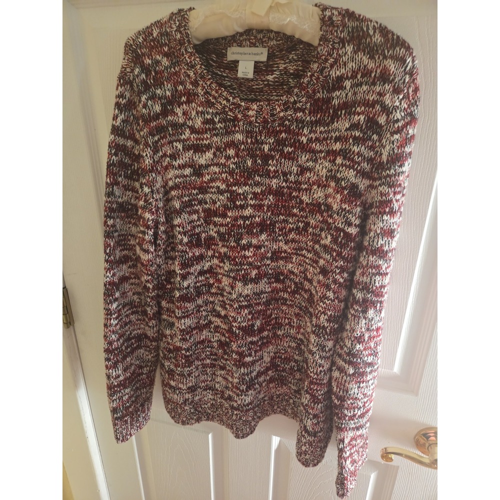 Christopher & Banks Pullover Knit Sweater SZ Lg Burgundy Black White Silver